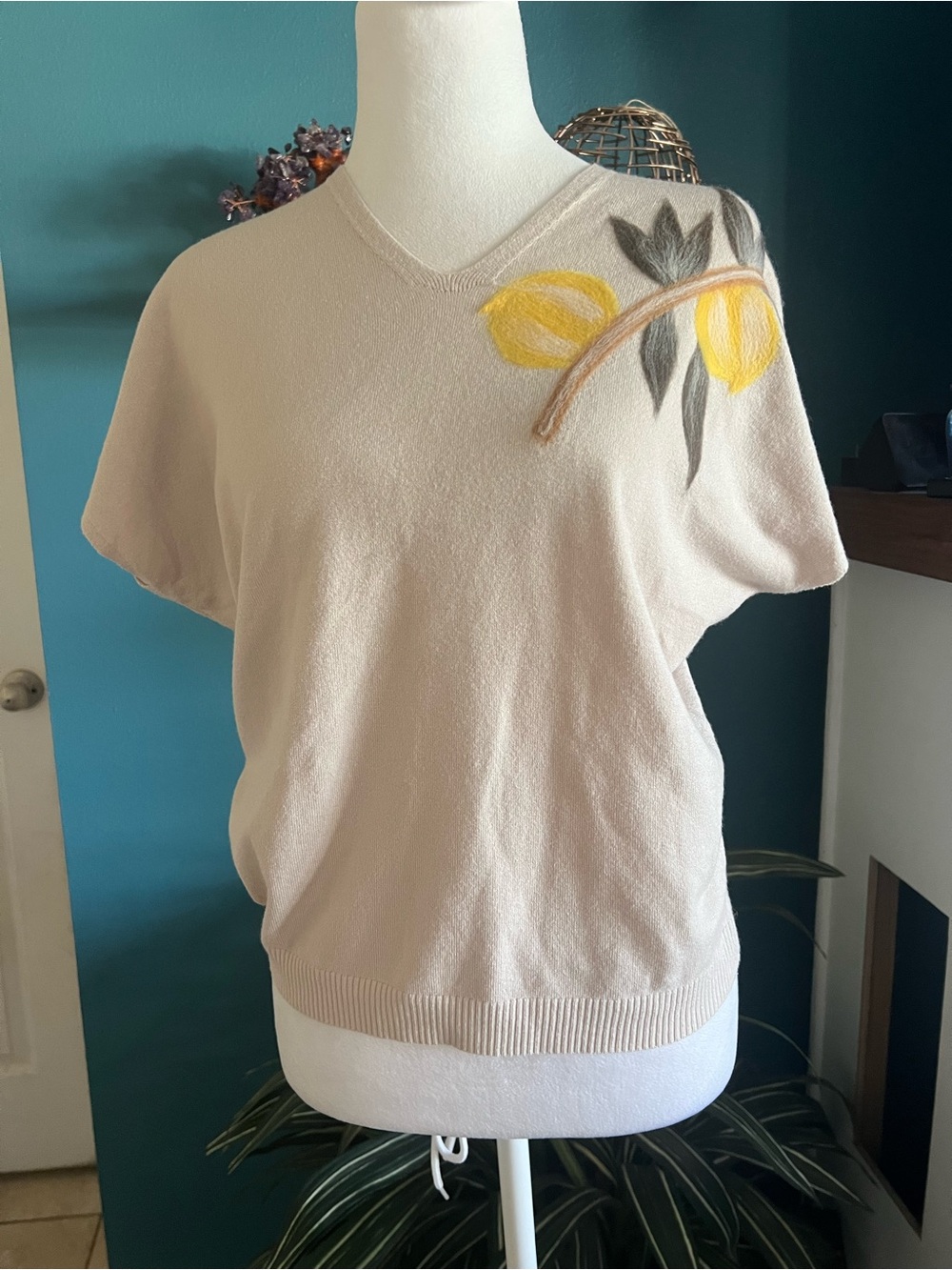 Aaeda Cream tan Knit Top with Black Logo Tag
